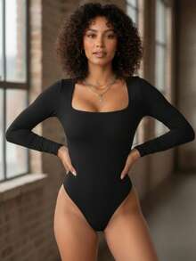 Set Of 3 Women's Bodysuits, Second Skin Style, Square Neckline, Long Sleeves, Casual Fashion, Versatile, Soft Spandex, Lined With Elastane, High Fashion Blogger Style - 海軍藍-黑色-米色 - 查看 4