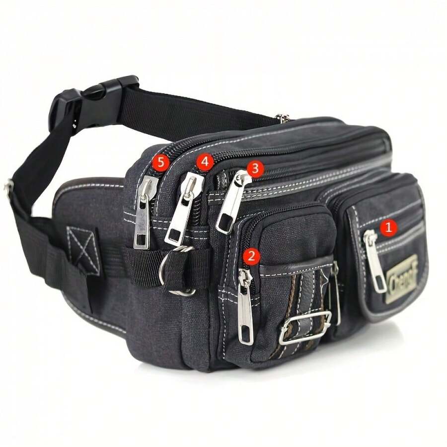 Fashionable Multi-Layer Canvas Waist Fanny Pack, Retro Basic Crossbody Chest Bag For Casual Use - Khaki - View 1