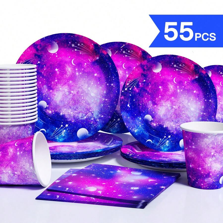黑色和紫色星空图案一次性餐盘、餐巾纸、杯子套装，可供10位客人使用，一次性纸盘，派对用品，适用于生日、婚礼、聚会、家庭野餐 - 彩色 - 查看 1