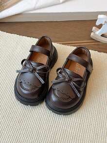 女童平底魔术贴休闲鞋，舒适英伦风圆头鞋 - 棕色 - 查看 3