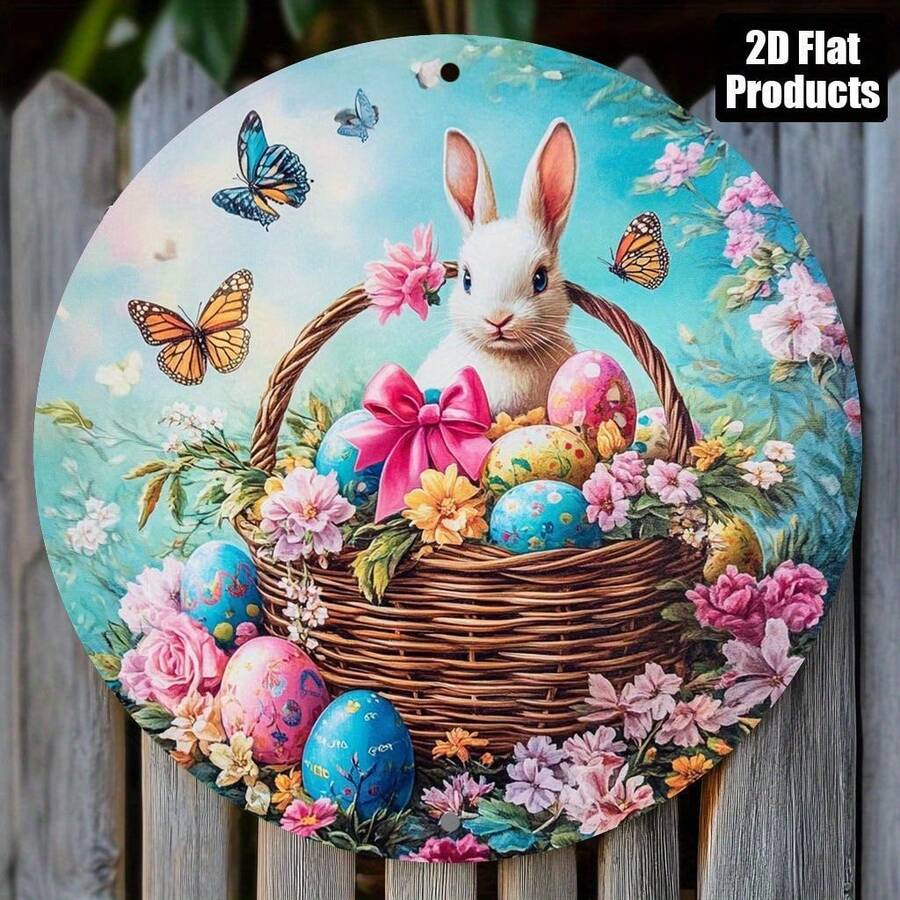 1 Piece Easter Bunny And Egg Theme Round Aluminum Wall Art, 8x 8inch Vintage Decorative Sign, With Vibrant Floral Design, Perfect For Home, Office, Living Room, Mother's Day, Father's Day, And Easter Gift - 1PC - 查看 1