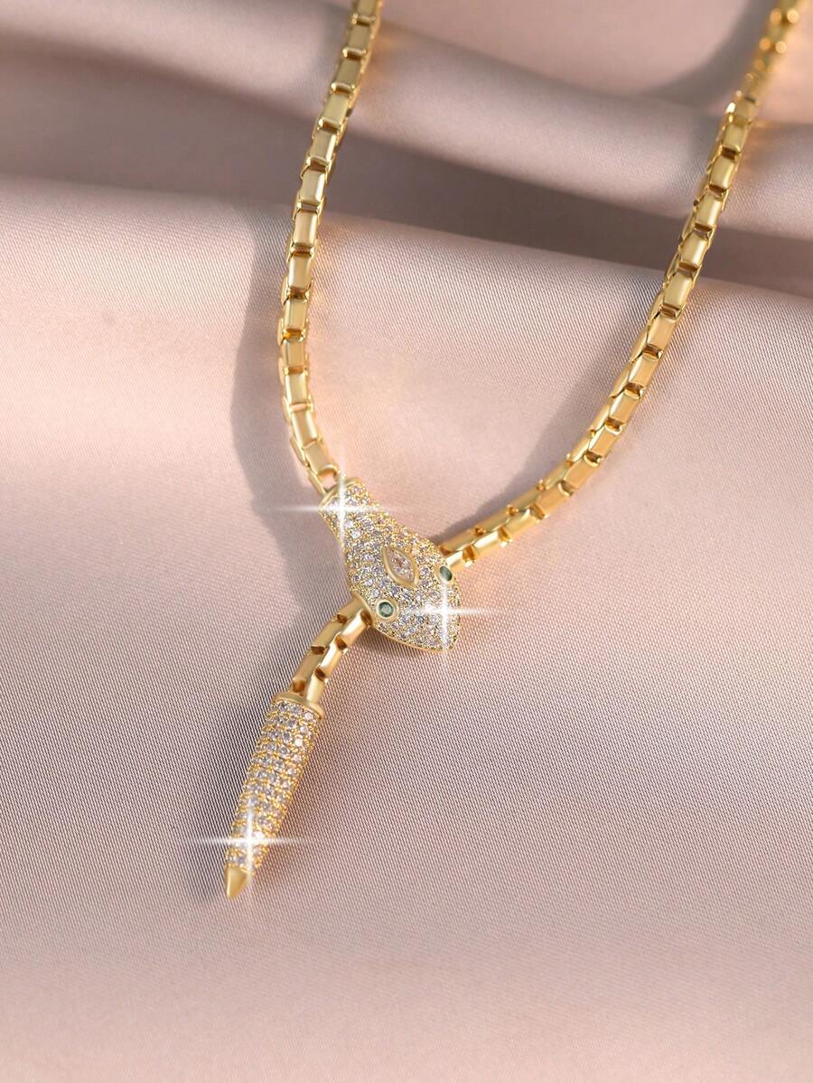 1pc Luxury Mysterious Snake Cubic Zirconia Chain Necklaces, Vintage Funky Long Clavicle Chain For Daily Wear, PartyAccessory And Gift For Friends - Yellow Gold - View 1