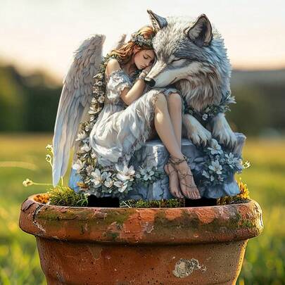 天使与狼花园插牌，2D亚克力庭院艺术品，户外装饰，防水草坪摆件，庭院装饰，童话主题花园点缀，防风雨户外雕塑，美观的花园礼品