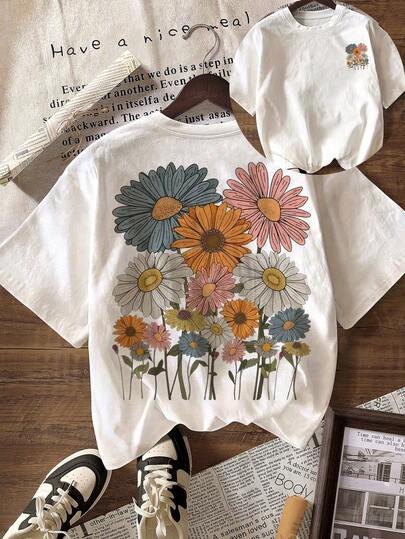 Daisy Floral Graphic T-Shirt, Summer Outfit For Women, Beach Outfits For Women, Casual Round Neck Short Sleeve Simple T-Shirt