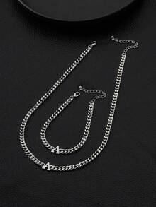 1 Set Men's Fashion Minimalist Metal Letter Thick Chain Bracelet And Necklace, Suitable For Men's Daily Wear, Parties, Birthdays, Dates - Silver - View 2