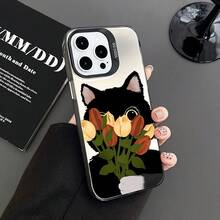 Funda de teléfono móvil de lujo de alta gama, colorida, con diseño de gato negro y tulipanes para iPhone 17, 17 Pro, 17 Air, 17 Pro Max y 16, 15, 14 Plus, 16, 15, 14, 13, 12 Pro Max. Funda de moda anti caída y antideslizante, funda creativa para teléfono móvil, regalo adecuado para familiares y amigos, diseño de gato negro con tulipanes, antiarañazos para el Día de San Valentín. - Negro - Ver 2