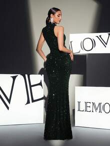 Women's Elegant Emerald Green Sleeveless Sequin Maxi Formal Dress Wedding Spring Party - Dark Green - View 5