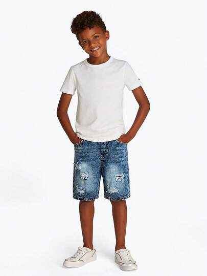 Quần short cargo denim ống rộng màu xanh nhạt, cá tính và cổ điển dành cho bé trai, kiểu dáng rách thời trang, dáng rộng thoải mái, cạp chun.