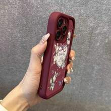 复古爱心卡通兔子、猫和熊毛绒玩具图案手机壳，适用于 17 Pro Max、16、15、14 Pro Max、13、12、11、XS Max、X、XR、16E、16 Plus、17 Air，防震保护套 - 酒紅色 - 查看 8