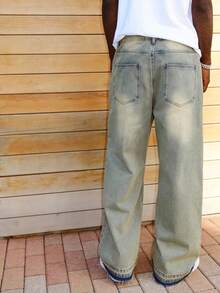 男士复古宽松阔腿牛仔裤，破洞毛边裤脚，休闲街头风，适合所有季节 - 芥末黃 - 查看 4