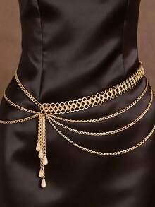 1 cadena corporal sexy de fiesta dorada exagerada, cadena de cintura con borlas de perlas sintéticas multicapa para mujer, regalo para novia/hermana, ideal para cumpleaños, vacaciones y fiestas. - Dorado - Ver 1