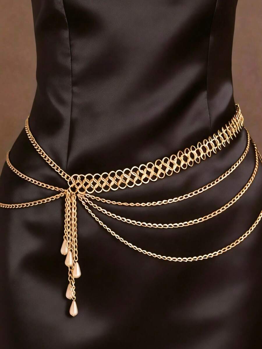 1 cadena corporal sexy de fiesta dorada exagerada, cadena de cintura con borlas de perlas sintéticas multicapa para mujer, regalo para novia/hermana, ideal para cumpleaños, vacaciones y fiestas. - Dorado - Ver 1