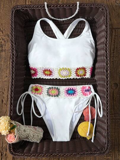Women's Fashionable Solid & Floral Print Knit Camisole Bikini Sexy & Elegant Swimwear Set, Spring/Summer Beach