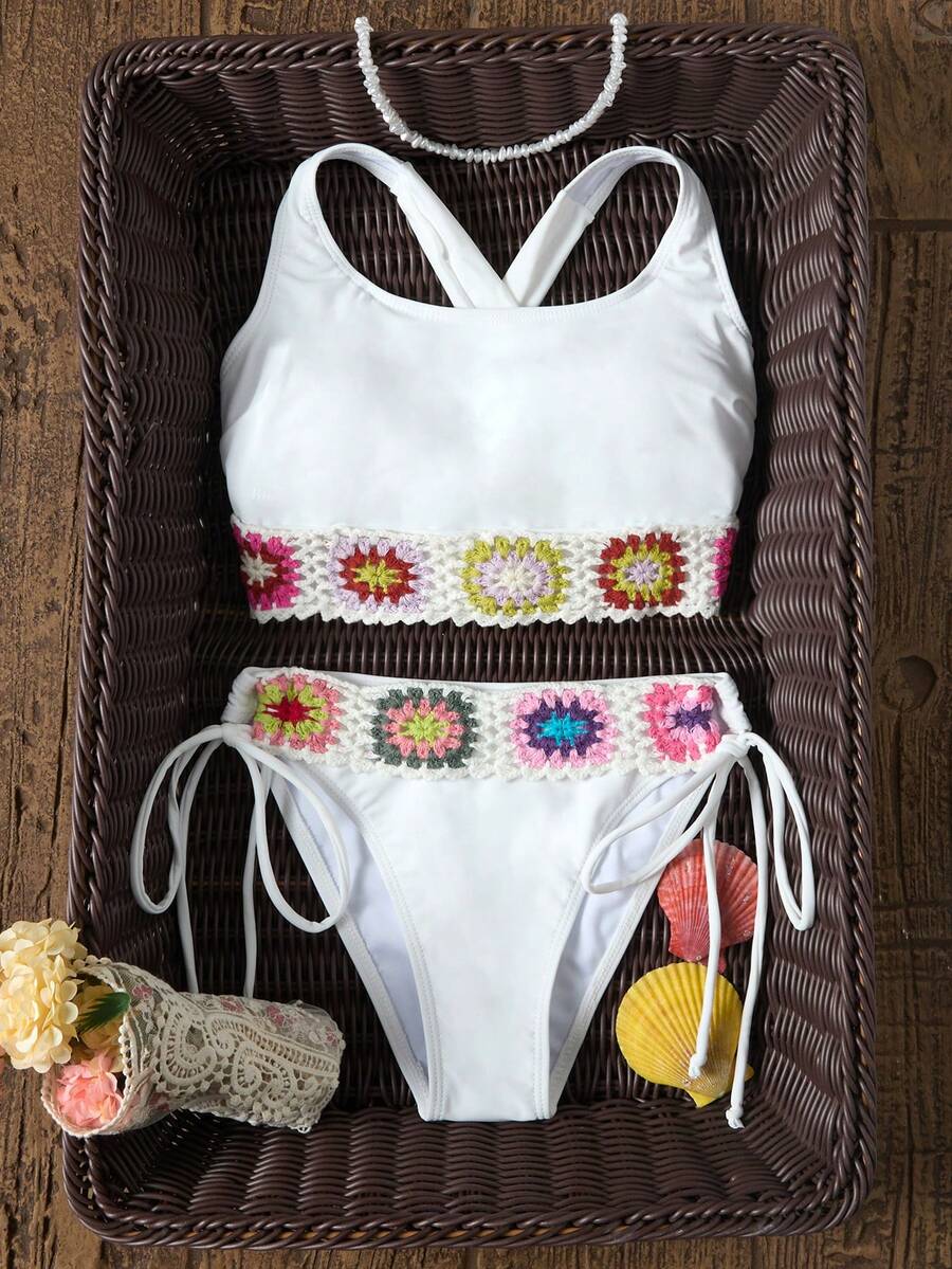 Women's Fashionable Solid & Floral Print Knit Camisole Bikini Sexy & Elegant Swimwear Set, Spring/Summer Beach - White - View 1
