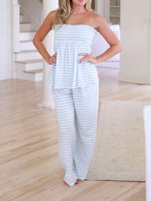 Women's Casual And Comfortable Suit For Spring And Summer, Featuring A Striped, Off-The-Shoulder Bandeau Top And Matching Trousers; A Stylish And Casual Outfit. - Màu xanh da trời - Xem 3