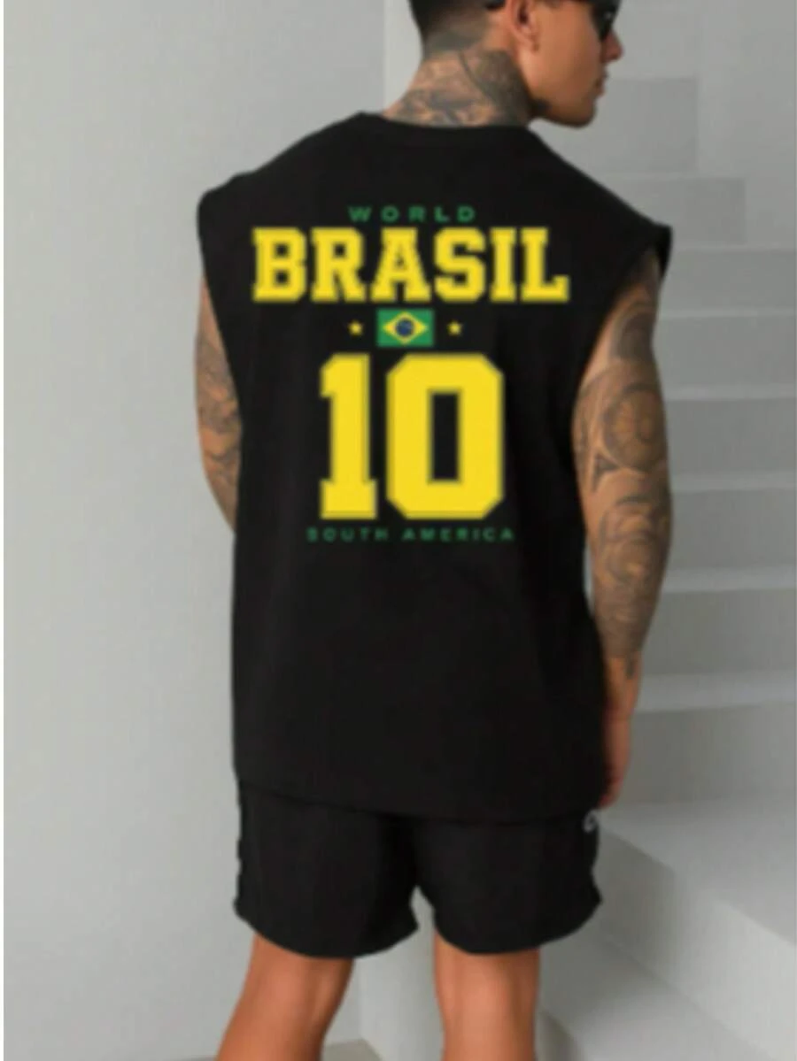 Men's Oversized Sleeveless Tank Top With Brazil Print, Perfect For Carnival, Gym, Workout, And World Cup. - màu đen - Xem 1
