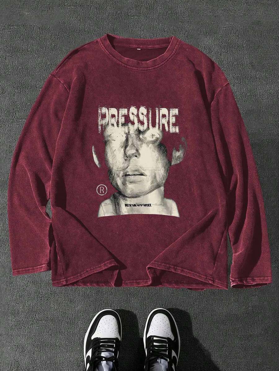 Vintage Poster Font Men's Washed Distressed Crew Neck Long Sleeve T-Shirt - Magenta - View 1