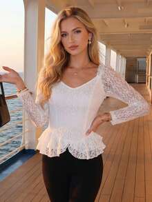Women Lace Long Sleeve Shirts Floral V Neck Layered Ruffled Going Out Tops  Fall Streetwear - White - View 4