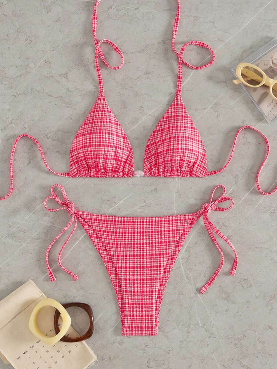 两件套女士性感休闲露背高开衩比基尼套装，粉色格子设计，弹力面料 - 紅色 - 查看 1
