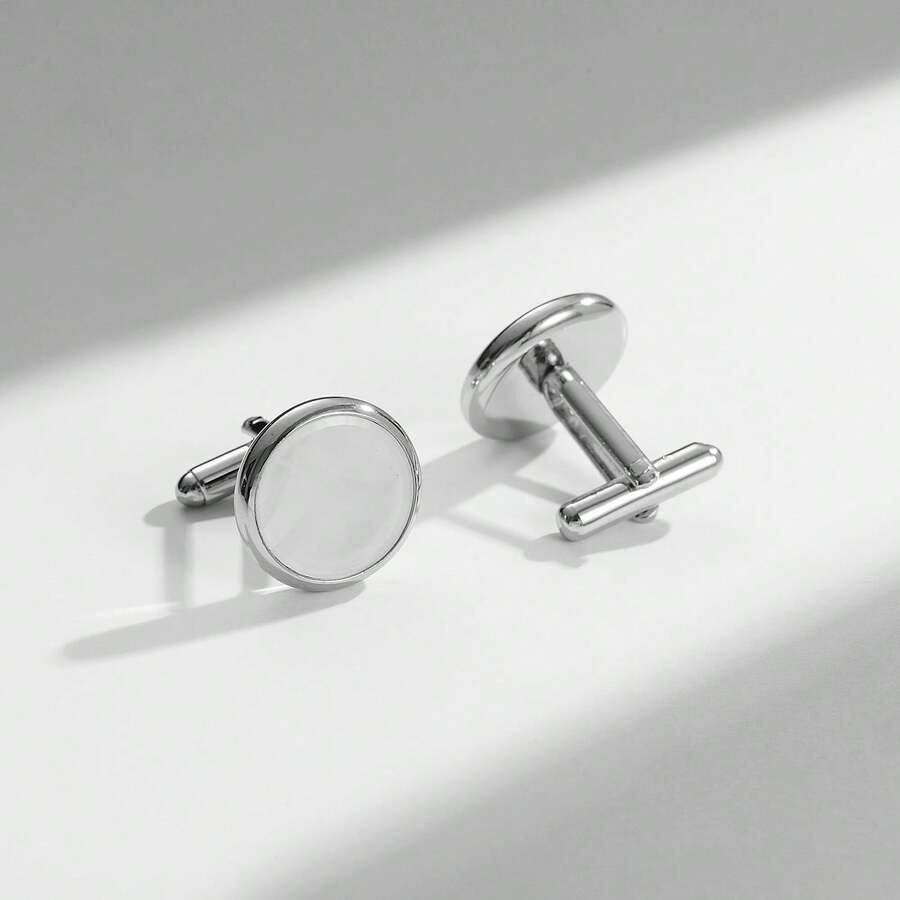 1 Pair White Drip Oil Round Men's Cufflinks, Basic Suit Accessory, Daily Business Fashion Cuff Links - White - View 1