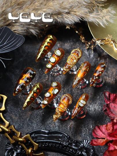 10pcs Acrylic Pointed False Nails, Amber, Brown, Rock Style, 3D Stereoscopic Gold Elements, Fish Bone, Seashell, Conch, Blooming, Gold Chain, Bohemian Style Full Cover Acrylic Nail Stickers Set, Handmade, With 1 Mini Nail File And 1 Adhesive Sticker, Suitable For Daily Wear, Party, Wedding, Music Festival