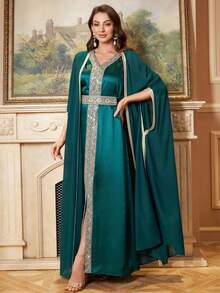 2pcs/Set Chiffon Lace Inlaid V-Neck Tie Waist Extra Long Dress, Arabian Style For Women - Green - View 4