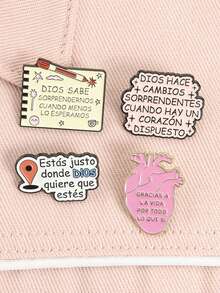 4pcs Minimalist Healing Religious Phrase Brooch, Zinc Alloy Enamel Material, Spanish Text Decor, Religious Faith Theme Badge, Unisex Design, Daily Religious Accessory Gift - Multicolor - View 6