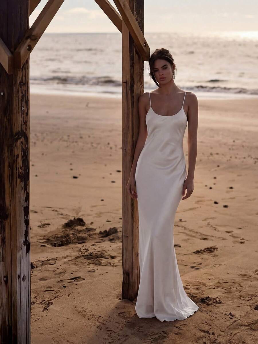 Basrey Sexy Long Bridesmaid Dress, Spaghetti Strap Backless Design, Zipper Closure, Elegant Woven Fabric, Suitable For Special Occasions - Light Apricot Color - View 1