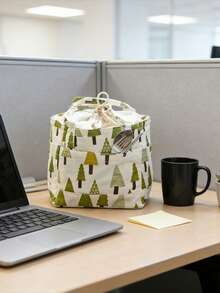 1pc Drawstring Insulated Lunch Bag, Picnic Bento Box Bag, Red Stripe & Green Tree Pattern - Multicolor - View 5