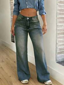 Plus Size Women Loose Straight Leg Boyfriend Jeans - Navy Blue - View 2