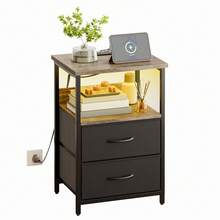 Tomnk Mesa auxiliar con estación de carga, mesita de noche LED con puertos y tomas USB, 2 cajones de almacenamiento de tela con acabado de PU, mesita de noche, negro / blanco - Tipo de Enchufe B USA (110-127V) - Ver 16
