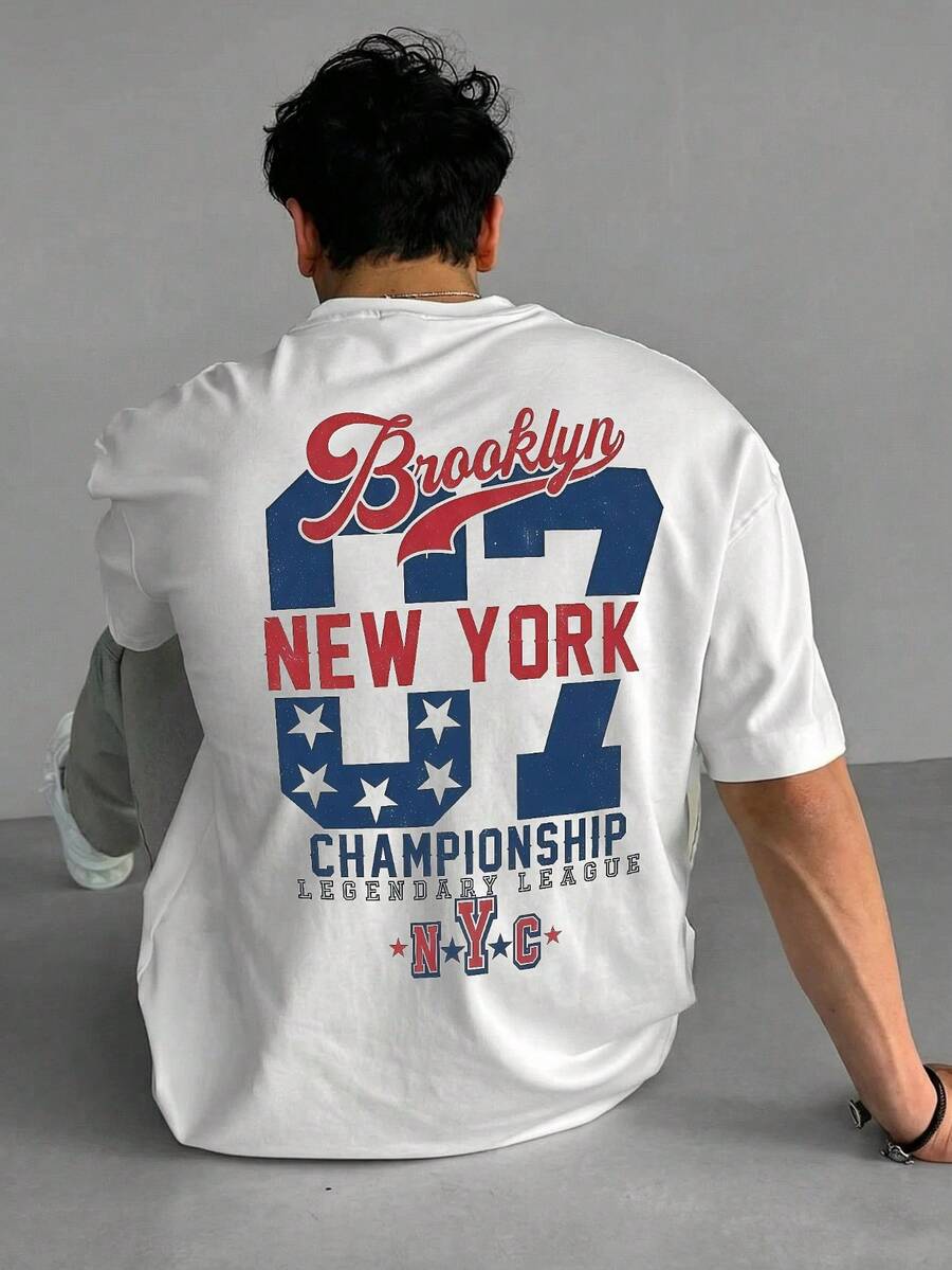 男士时尚印花宽松短袖T恤一件装 | 精致设计 | 夏季必备 | 易于搭配，展现您的风格 - 白色 - 查看 1