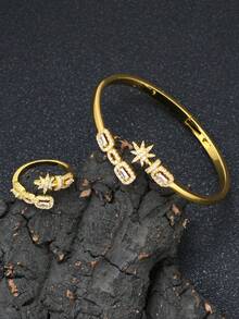1件/1套 2件装 时尚百搭镶钻闪亮星星开口戒指和手链套装，女士日常/节日/派对配饰，开斋节/宰牲节礼物 - 鋯鑲閃耀矩星星 - 查看 5