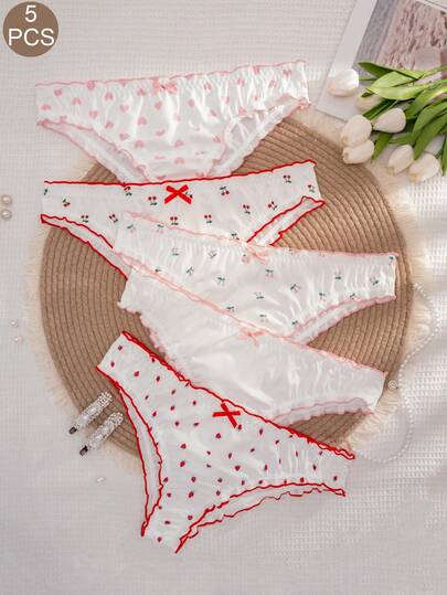 5条/包 女士加大码印花蝴蝶结荷叶边舒适内裤