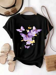 Camiseta de Mariposas Negra, Estilo Casual,  Primavera-Verano, Ideal para Salidas Diarias,blusas elegantes dama,tops,parejas,blusas curvy mujer. - Negro - Ver 1
