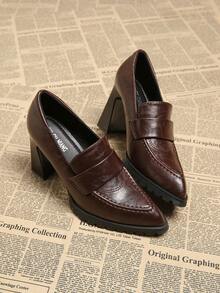 2026春季新款女鞋，尖头时尚优雅复古真皮高跟鞋，粗跟休闲通勤显瘦时尚黑色和酒红色 - 酒紅色 - 查看 4