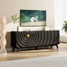 HNEBC TV Stand With 2 Storage Cabinet For Living Room, Large Entertainment Center With Wave-Patterned Design, Console Table With Ajustable Shelf For 55"-75" TV For Furniture Set - 黑色 - 查看 2