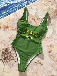 性感荧光黄巴西风连体泳衣 - 高衩设计 + 国旗印花 | 适合运动休闲，夏季海滩派对度假必备 - 墨綠色 - 查看 3