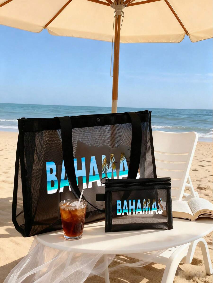 4-Piece Large Capacity Mesh Beach Bag Set - Printed With "Bahamas" Pattern, Featuring Tropical And Beach Elements; Foldable Waterproof And Sand Proof Mesh Handbag+Matching Mesh Cosmetic Storage Bag, Foldable Beach Sun Hat, Durable Fashion Glasses. Breathable, Lightweight - Multicolor - View 1