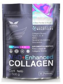 Collagen NAD+ Enhanced - Peptidos Bioactivos de Colageno Bovino Tipos I, II, III con Precursores Triples de NAD, NR + NMN + Nicotinato de Inositol - Sin Azúcar, Sin Edulcorantes, Sin Saborizantes - 500g by Eternal Nutrition - Ingredientes Naturales Premium - Morado - Ver 1