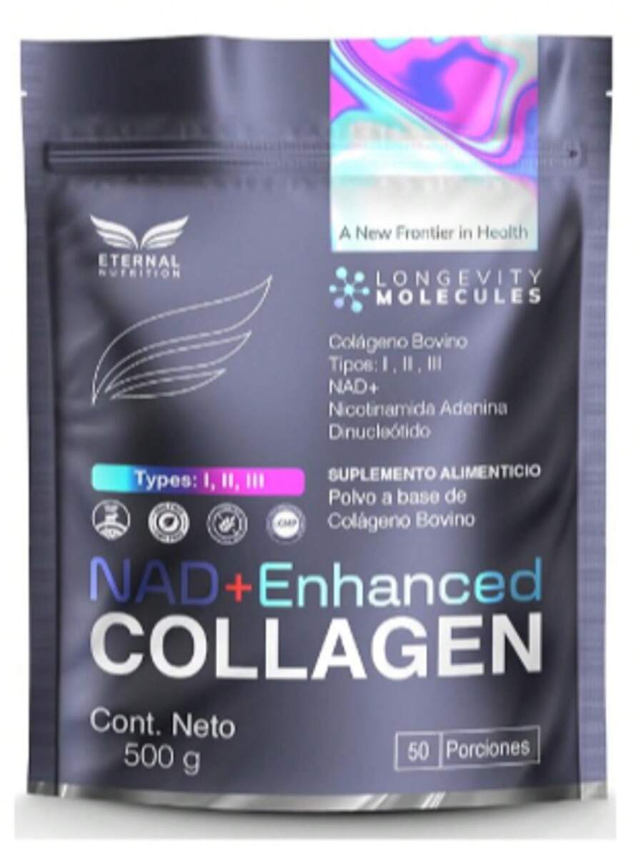 Collagen NAD+ Enhanced - Peptidos Bioactivos de Colageno Bovino Tipos I, II, III con Precursores Triples de NAD, NR + NMN + Nicotinato de Inositol - Sin Azúcar, Sin Edulcorantes, Sin Saborizantes - 500g by Eternal Nutrition - Ingredientes Naturales Premium - Morado - Ver 1
