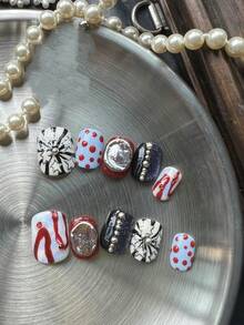 10片红色条纹银星蓝色星空猫眼按压式短假指甲，Y2K金属朋克风短方形/圆形人造指甲，适合日常佩戴、音乐节、外出和度假。配有收纳盒，适合女性和女孩。 - 彩色 - 查看 2