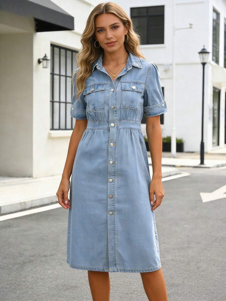 Women's Short Sleeve Collar Denim Dress, Solid Color Design, Durable & Non-Deformable, Multi-Scene Adaptable Dress - 中等水洗藍 - 查看 1