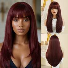 ROALYUV Wine Red Layered Long Straight Wig With Bangs, 24 Inch Natural Synthetic Hair Wig For Women, Heat Resistant Adjustable Cap, Easy To Style For Daily Wear Cosplay Party Dating - 酒紅色 - 查看 1