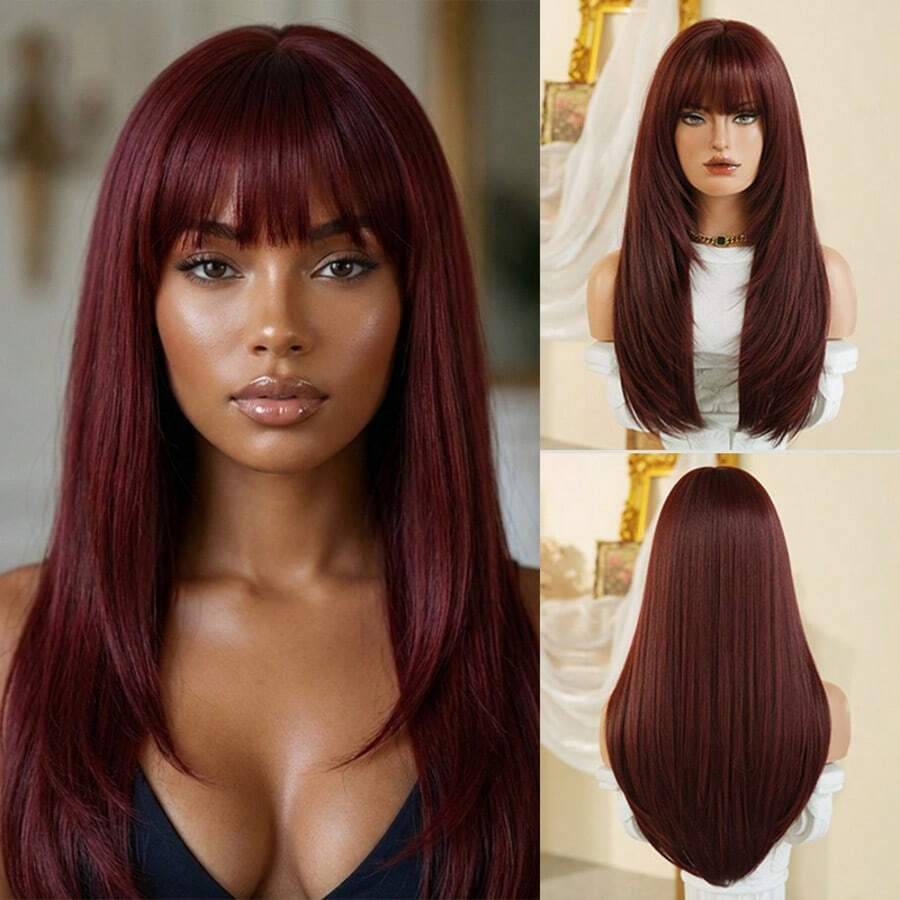 ROALYUV Wine Red Layered Long Straight Wig With Bangs, 24 Inch Natural Synthetic Hair Wig For Women, Heat Resistant Adjustable Cap, Easy To Style For Daily Wear Cosplay Party Dating - 酒紅色 - 查看 1