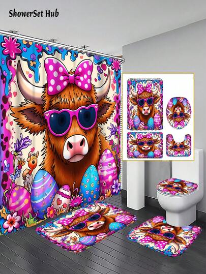 1/3/4pcs Easter Highland Cow Cartoon Shower Curtain Bathroom Sets, Kid-Friendly Farmhouse Holiday Waterproof And Wear-Resistant Accessories,With 12 Hooks - Includes Toilet Seat Cover, Bath Mats, And Rugs - Plastic Fabric - Washable,Mildew-Resistant - Perfect For Holiday Decor,Home/Bedroom/House/Western/Spring Decor,