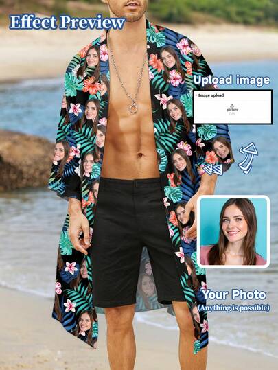 Customized Hawaiian Vacation Robe For Men, Personalized With Patterns, Portraits Of Individuals, Family Members, Pets, Cartoons, Holiday Themes