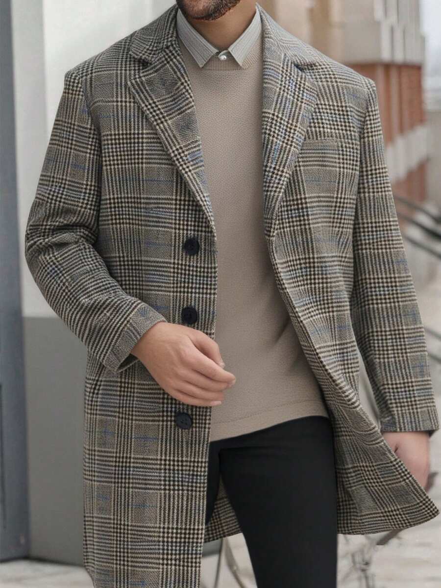 I FineLong 格子保暖时尚外套，英伦风夹克，男士休闲西装 - 棕色 - 查看 1
