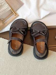 女童平底魔术贴休闲鞋，舒适英伦风圆头鞋 - 棕色 - 查看 7