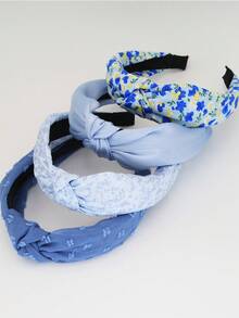 4pcs Blue Floral Fabric Solid Color Non-Slip Headbands For Women, Curved Headbands, Fashion Hair Accessories, Suitable For Daily Wear, Outdoor Activities, Washing Face, Makeup, Can Be Used As Casual Hair Accessories, Hair Styling Tools, Beauty Accessories, Curling Accessories Hairband Hair Hoop,Summer,Holiday,Travel,Festival,Birthday - Blue - View 3